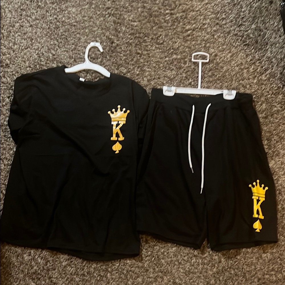 SHEIN Black Athletic Shorts and tee with Yellow Crown Design